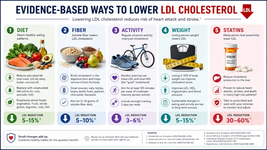 Infographic of evidence-based ways to lower LDL cholesterol: diet, fiber, activity, weight, and statins.