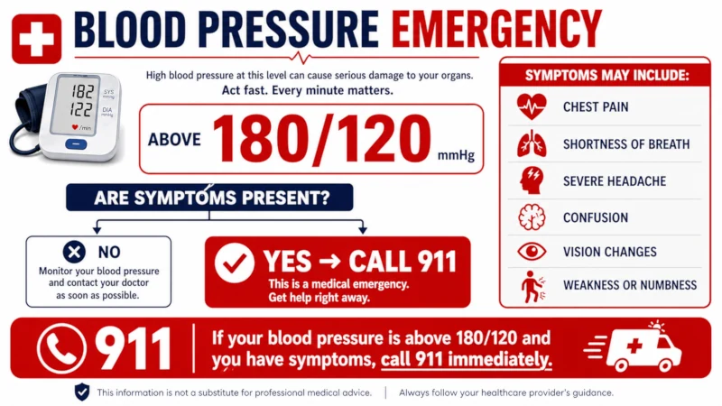 Decision graphic showing that a reading above 180/120 with symptoms means call 911