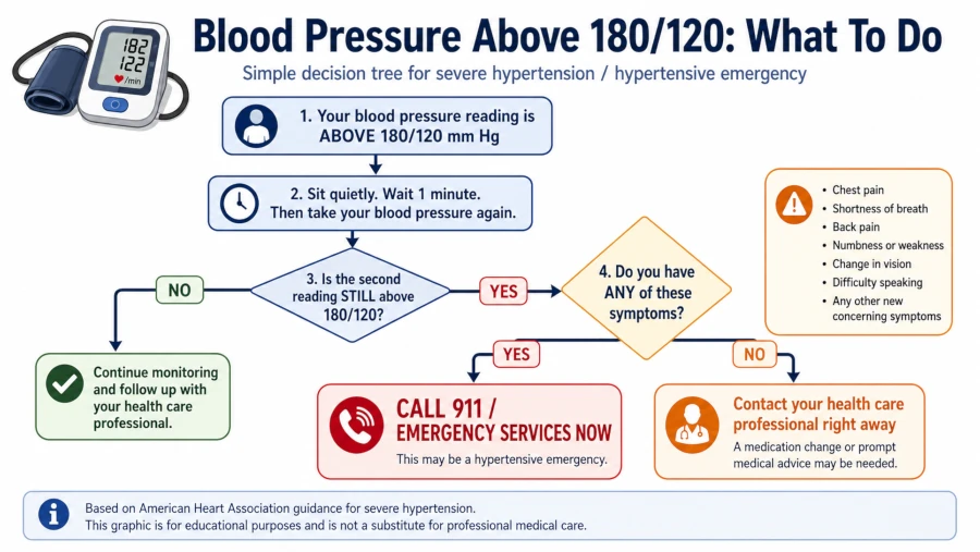 Decision tree showing what to do when blood pressure is above 180 over 120.