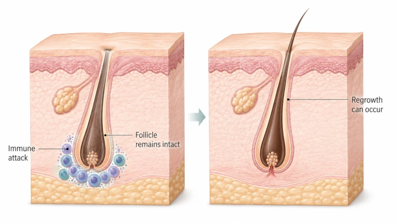 Medical illustration showing immune activity around a dormant hair follicle and the potential for hair regrowth in alopecia areata.
