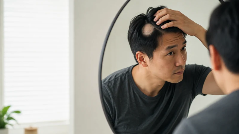 Adult noticing a small smooth patch of alopecia areata on the scalp while looking in a mirror.