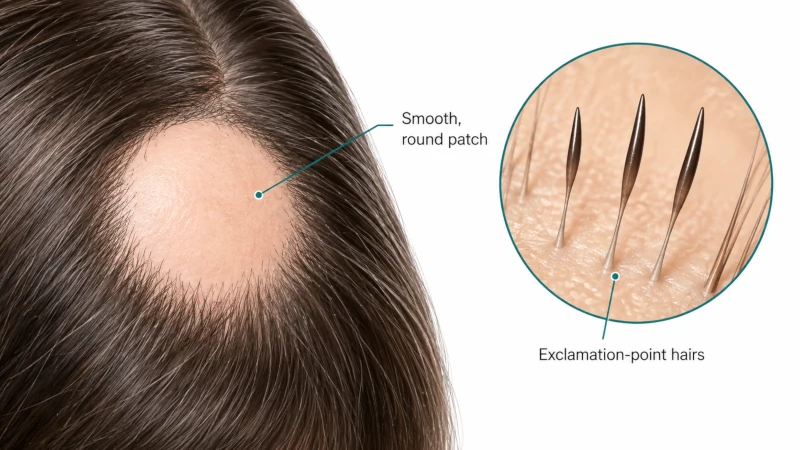 Illustration of a smooth round alopecia areata patch with a magnified view of exclamation-point hairs.