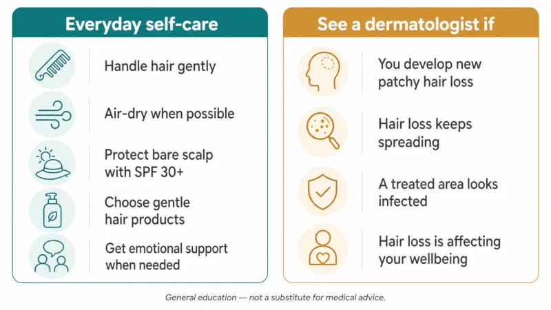 Alopecia areata self-care infographic with scalp protection tips and signs to see a dermatologist.
