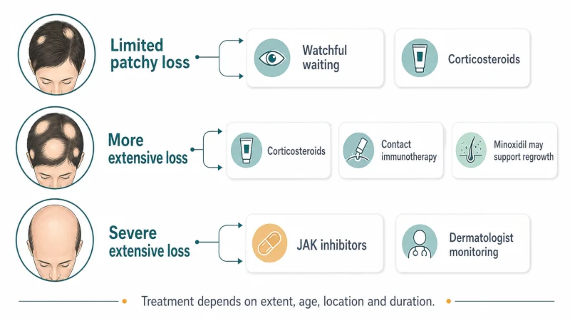 Infographic showing common alopecia areata treatment approaches for limited, extensive, and severe hair loss.