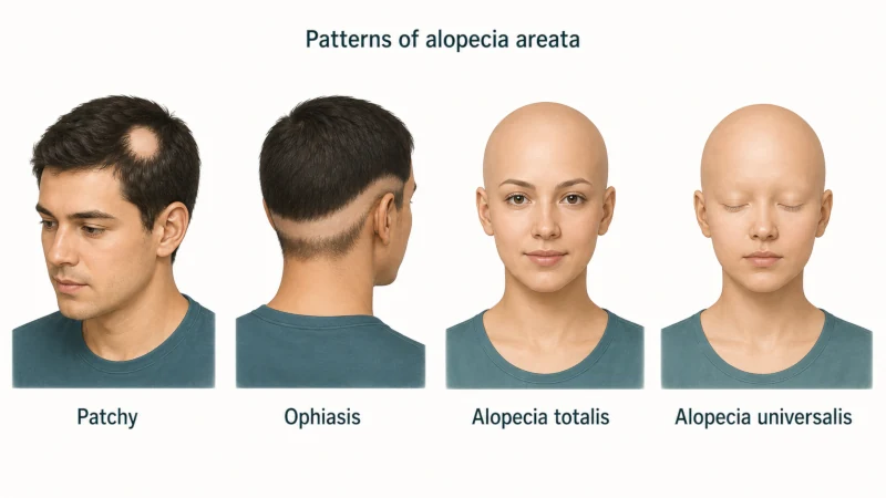 Medical illustration comparing patchy alopecia areata, ophiasis, alopecia totalis, and alopecia universalis.