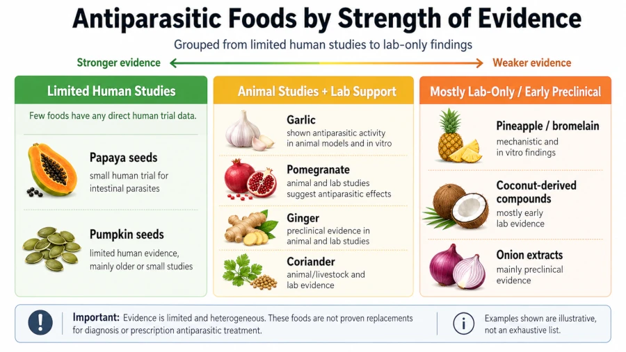 Chart grouping antiparasitic foods that fight parasites in humans by strength of evidence, from human studies to lab-only.