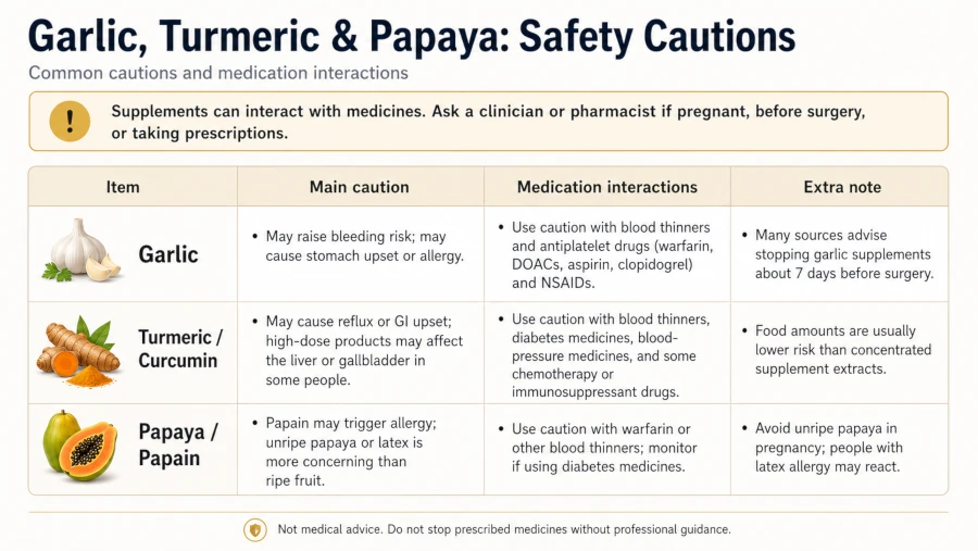 Table of safety cautions and medication interactions for garlic, turmeric, and papaya.