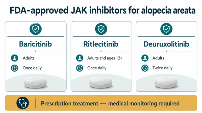 Comparison of baricitinib, ritlecitinib, and deuruxolitinib for severe alopecia areata.