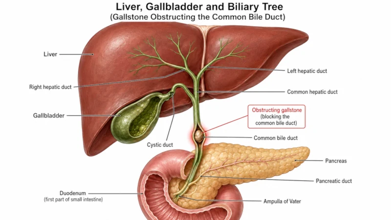 Anatomical illustration of the gallbladder, liver and bile ducts with a stone blocking the common bile duct.