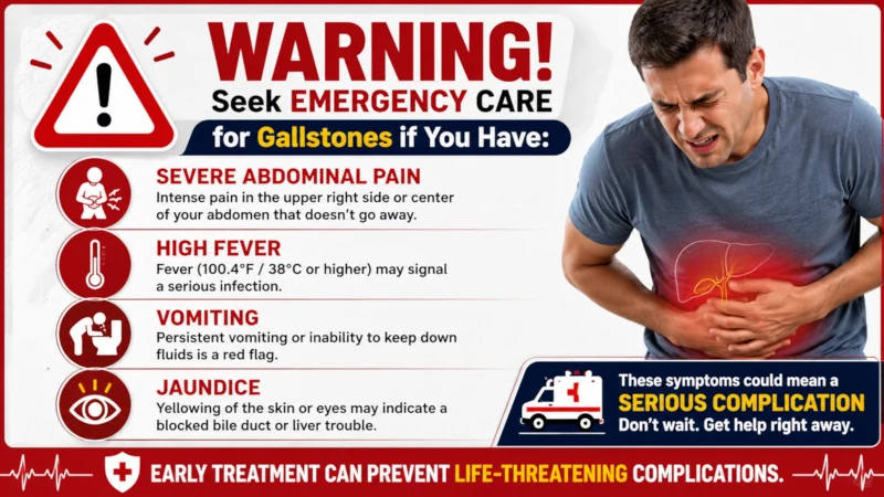 Warning-sign card listing severe abdominal pain, high fever, vomiting and jaundice as reasons to seek emergency care for gallstones.