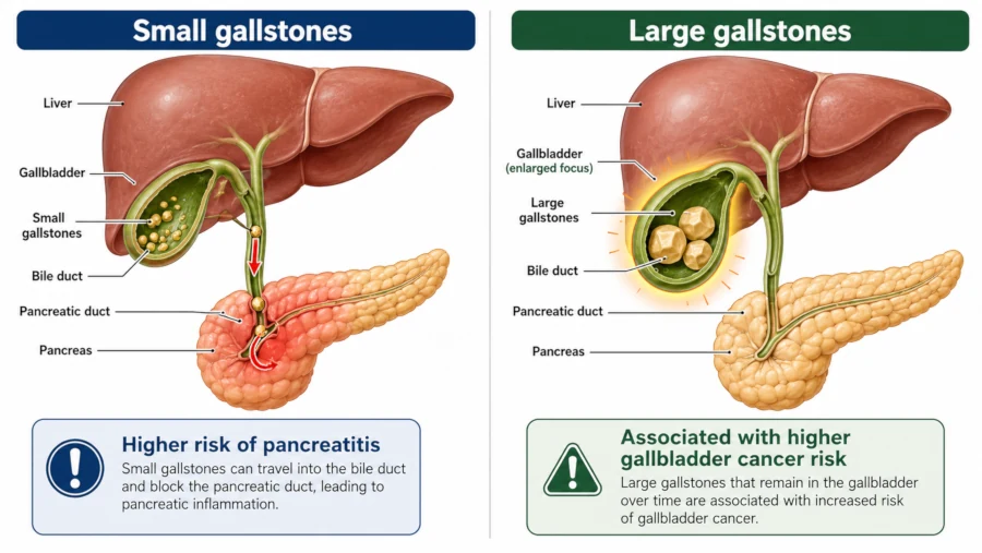 Diagram showing small gallstones linked to pancreatitis risk and large gallstones linked to gallbladder cancer risk.