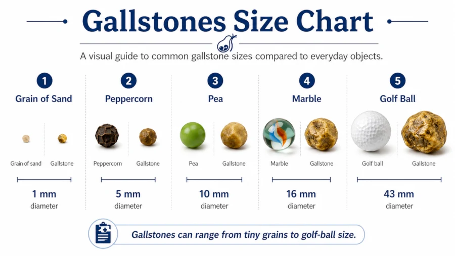 Gallstones size chart comparing stone diameters to a grain of sand, peppercorn, pea, marble and golf ball.