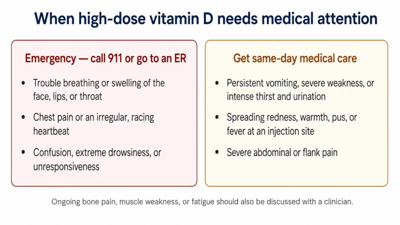 Safety chart showing emergency and same-day warning signs after high-dose vitamin D or a vitamin D injection