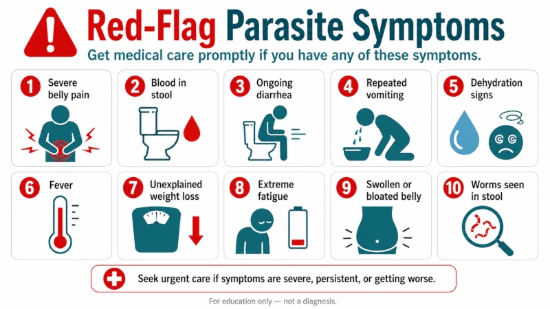 Illustrated list of red-flag intestinal parasite symptoms that need medical care.