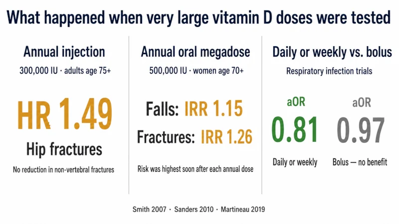 Three-panel infographic summarizing clinical trial results for annual vitamin D injections, annual oral megadoses, and daily versus bolus dosing