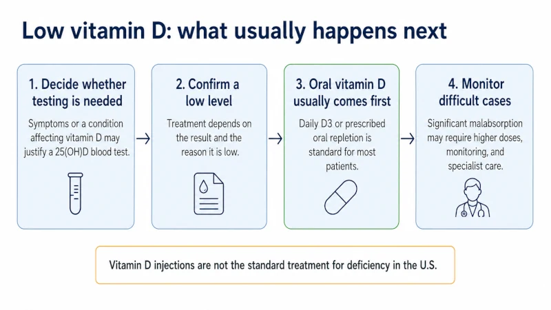 Flowchart showing testing, oral treatment, monitoring, and specialist care options for low vitamin D