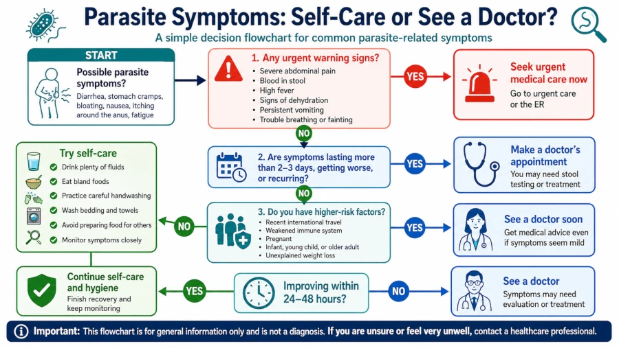Decision flowchart for parasite symptoms showing when to see a doctor versus self-care.