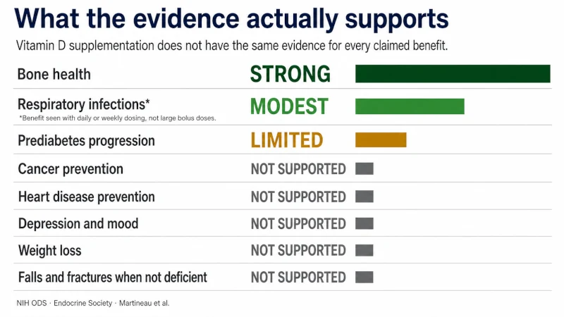 Evidence chart showing which claimed vitamin D benefits are strongly supported, limited, modest, or not supported