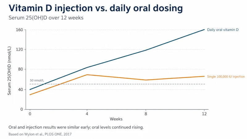Line chart comparing blood vitamin D levels after a single 100,000 IU injection and escalating daily oral vitamin D over 12 weeks