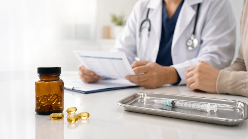 Vitamin D capsule beside a medical syringe illustrating the choice between vitamin D shots and oral supplements