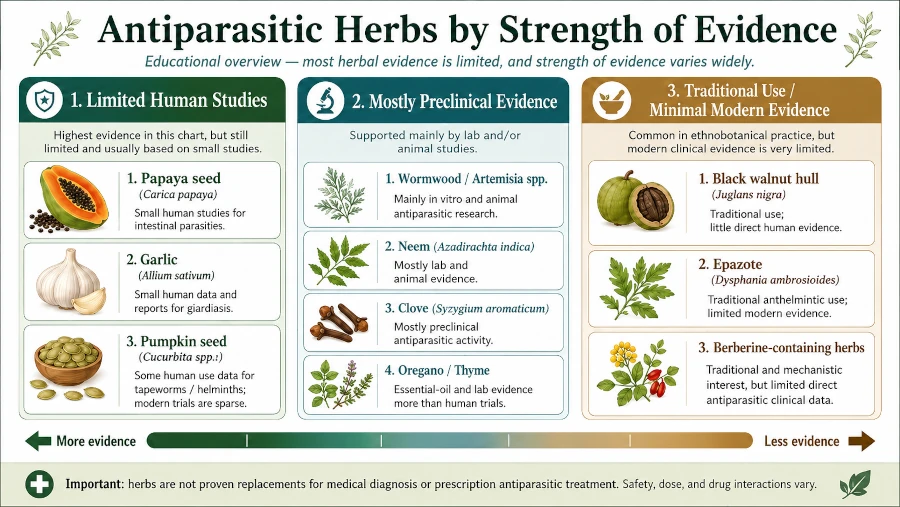 Chart grouping antiparasitic herbs by strength of evidence, from human studies to traditional use.