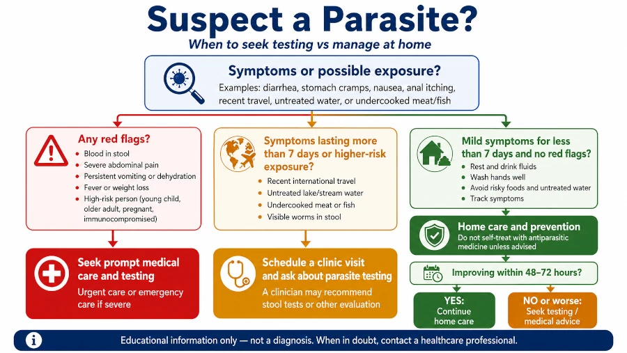 Decision tree showing when to seek testing for a suspected parasite versus manage at home.