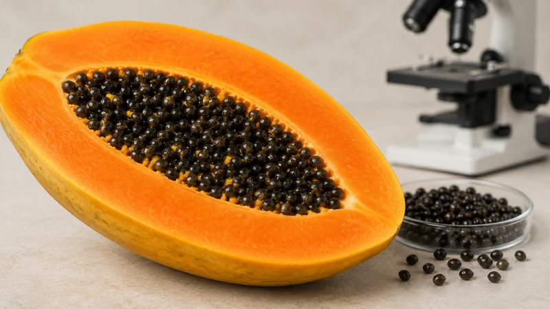 Black papaya seeds in a halved papaya, studied for intestinal parasite clearance.