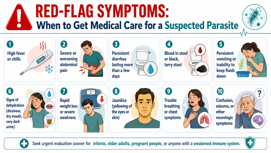 Illustrated list of red-flag symptoms that warrant medical care for a suspected parasite.