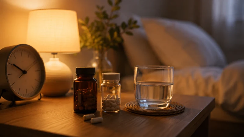 Ashwagandha and magnesium supplements beside a glass of water and evening clock