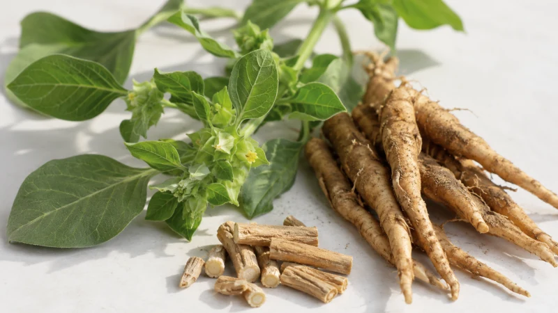 Ashwagandha plant, roots, and dried root used in supplements