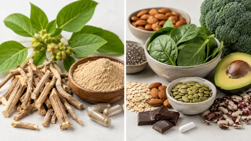 Ashwagandha root compared with magnesium-rich foods and supplements