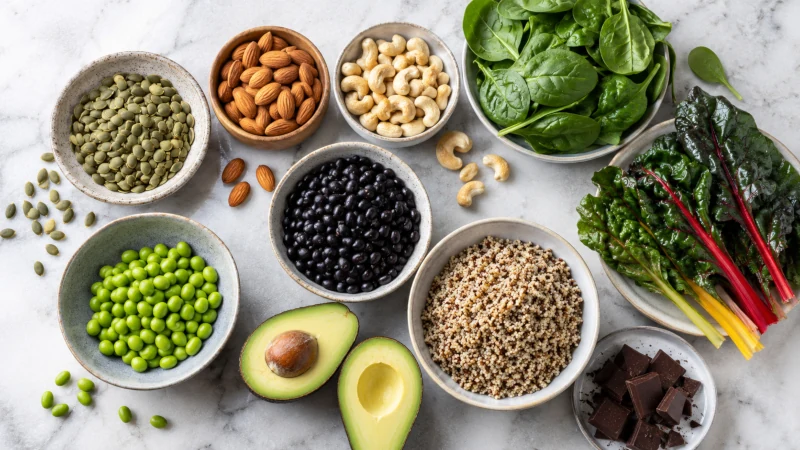Magnesium-rich foods including pumpkin seeds, almonds, spinach, beans, avocado, and dark chocolate