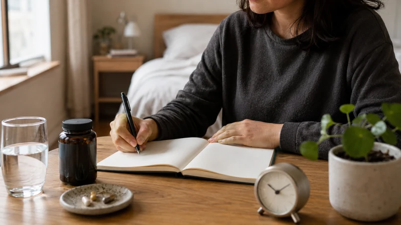 Person tracking sleep and stress habits in a journal beside a magnesium supplement