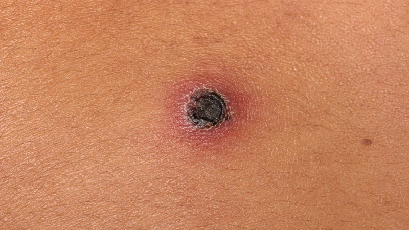 Dark-centered eschar scab at a tick bite site from African tick bite fever.