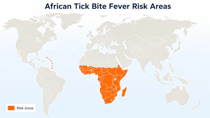 Map highlighting sub-Saharan Africa and the eastern Caribbean as African tick bite fever risk areas.