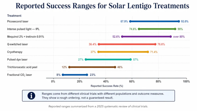 Bar chart comparing reported success ranges for laser, IPL, cryotherapy, topical, and peel treatments for solar lentigines.