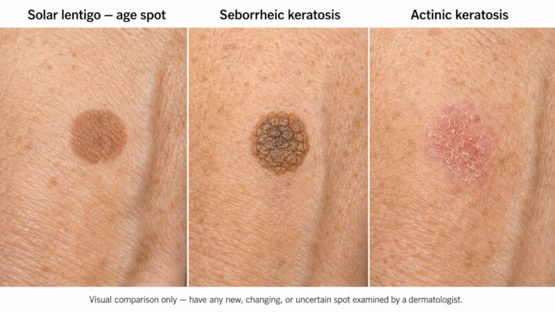 Side-by-side comparison of an age spot, a seborrheic keratosis, and an actinic keratosis on sun-exposed skin.