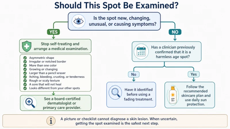 Decision tree showing which changes in a suspected age spot warrant an appointment with a dermatologist.