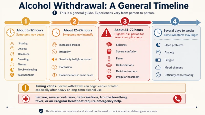 Timeline showing alcohol withdrawal symptoms beginning around 8 hours, peaking at 24 to 72 hours, and sometimes lasting weeks