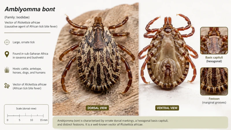 Amblyomma bont tick that transmits Rickettsia africae.
