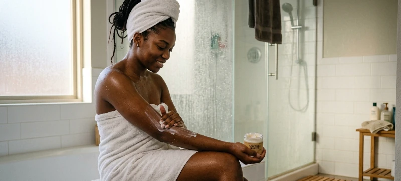 Person applying shea butter lotion to damp skin after a shower.
