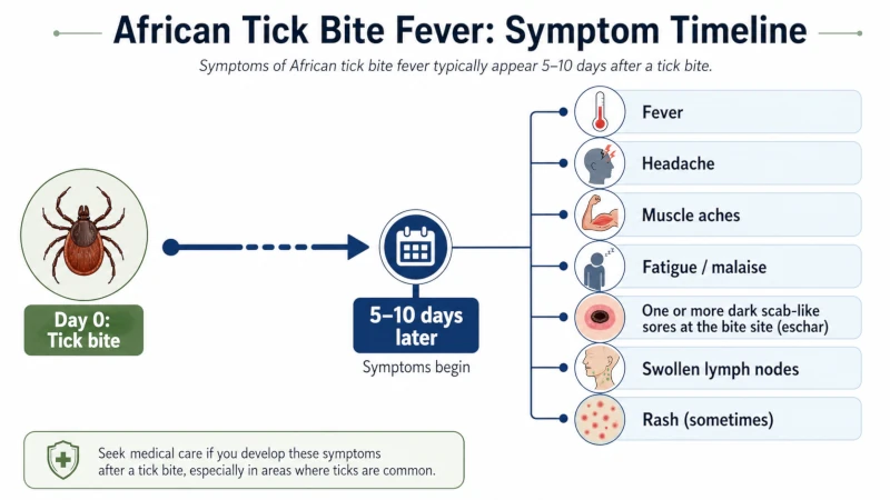 Timeline showing African tick bite fever symptoms starting 5 to 10 days after a tick bite.