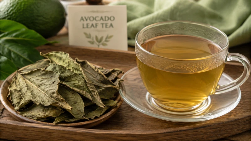 A cup of avocado leaf tea beside dried avocado leaves.