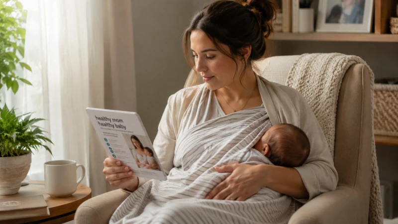 Mother nursing her baby while reviewing health information.