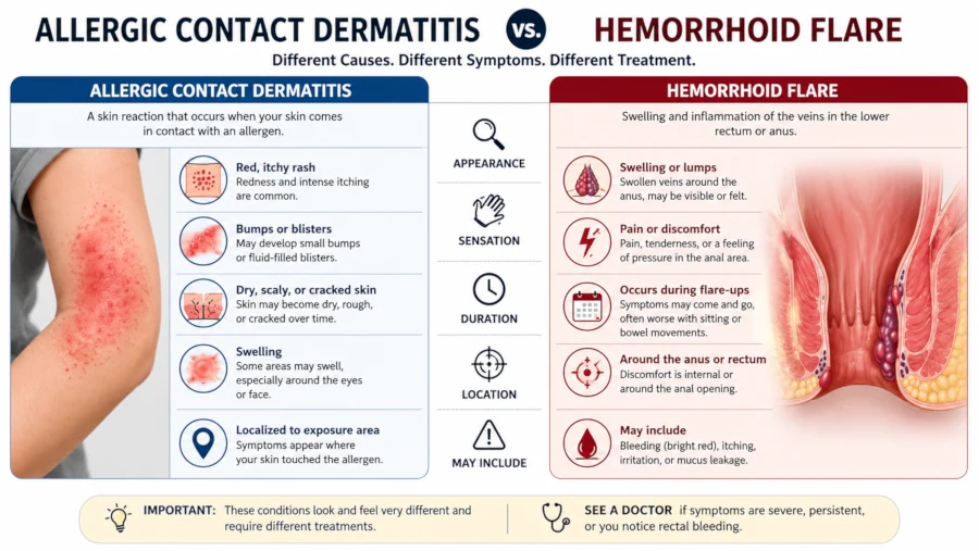 Diagram contrasting symptoms of allergic contact dermatitis with symptoms of a hemorrhoid flare