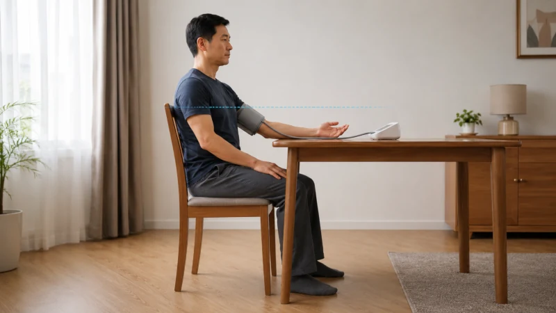 Correct home blood pressure measurement posture with feet flat, back supported, and cuff at heart level