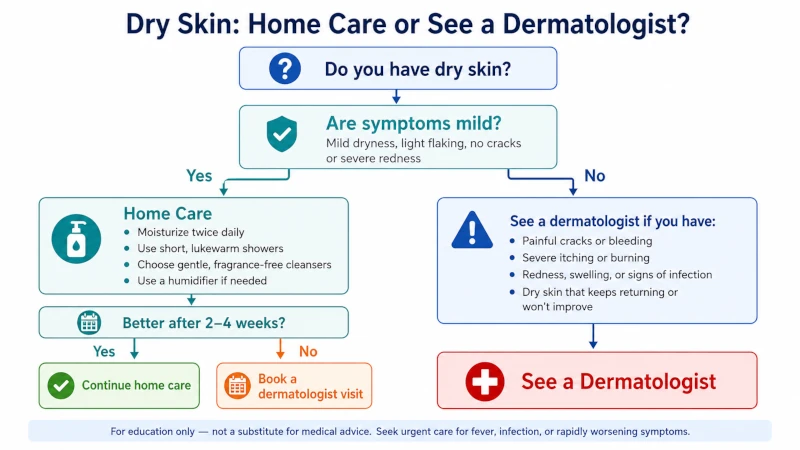 Decision tree showing when dry skin can be managed at home and when to see a dermatologist.