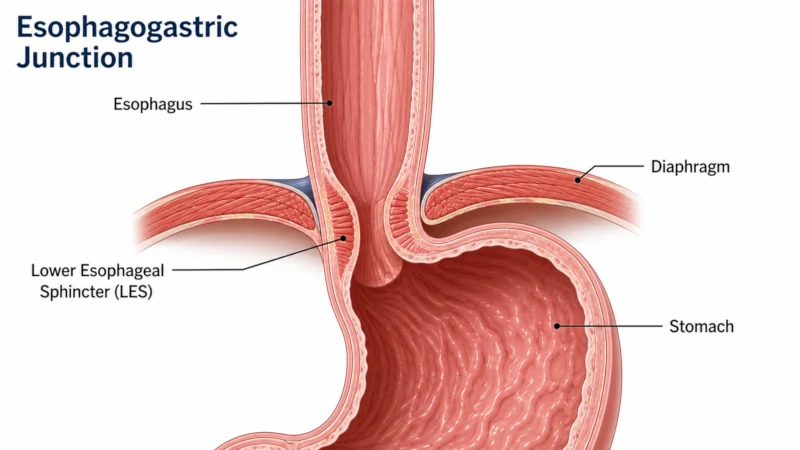 Esophagogastric junction showing the esophagus, diaphragm, lower esophageal sphincter, and stomach