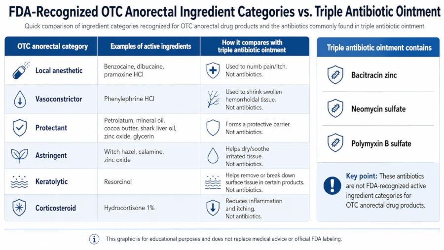 Table comparing FDA-recognised over-the-counter anorectal ingredient categories with the three antibiotics in triple antibiotic ointment.