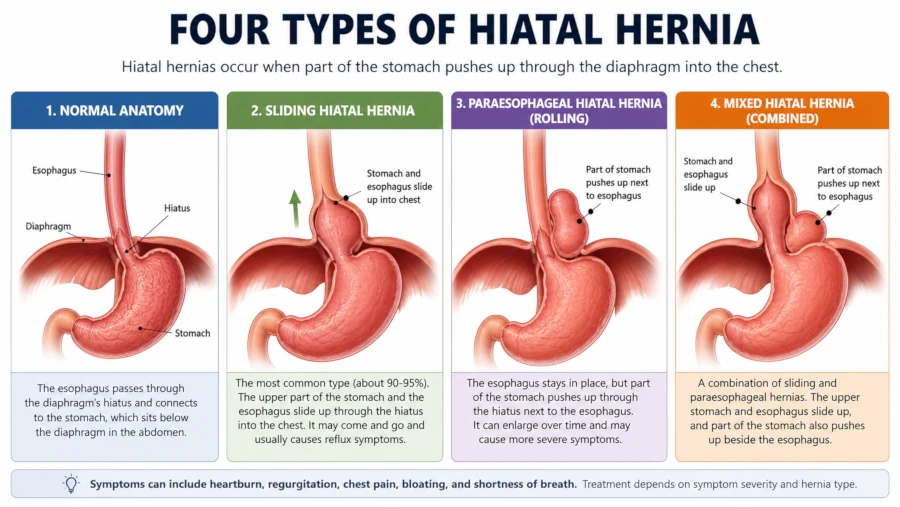 Four types of hiatal hernia, including sliding and paraesophageal hernias
